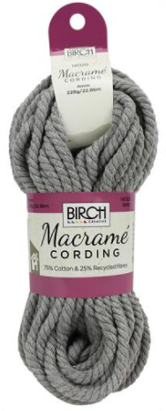 Birch Macramé Cording is a thick cord made from cotton fibres that have been braided together. The cords are twisted and knotted together in a design using the Macramé process to create bespoke decorative items.