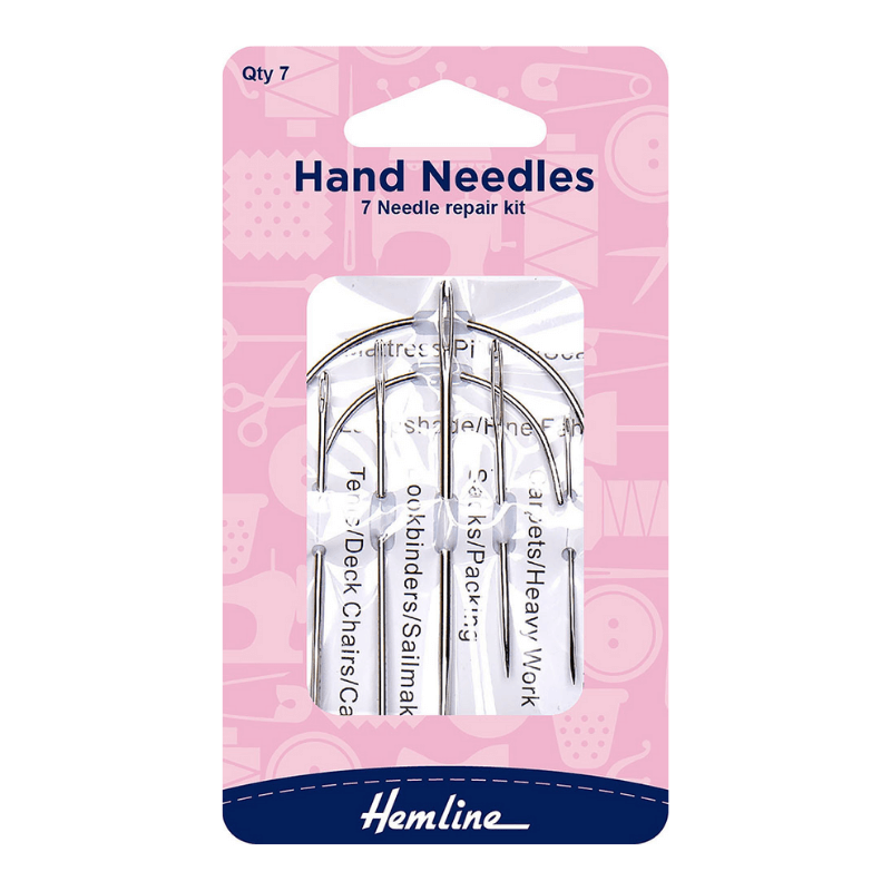 Hand Sewing Needles from the Hemline Repair Kit have long eyes and are used for mending and darning with cotton or yarn. Curve needles, also known as Curved Mattress needles, are used to repair upholstery and make fabric boxes.