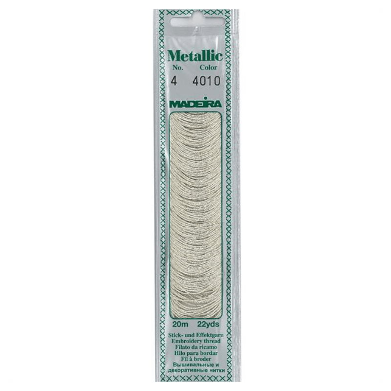 Madeira Metallic embroidery thread is very soft and supple and may be divided into four strands for easy embroidery onto different textures.