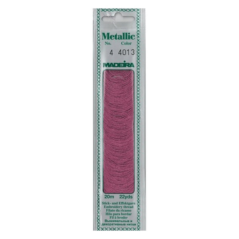 Madeira Metallic embroidery thread is very soft and supple and may be divided into four strands for easy embroidery onto different textures.