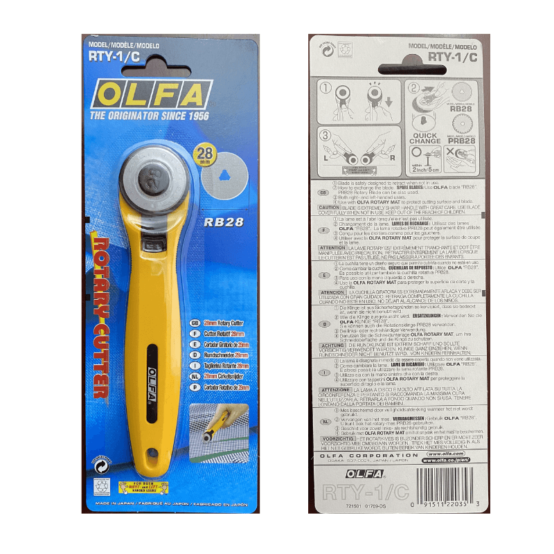 Olfa's 28mm Rotary Cutter is ideal for miniatures, small crafts, and tight corners. This cutter has a sturdy handle and a blade cover for further protection. The cutter is a fabric cutter that uses a rolling razor blade to cut textiles into shapes, strips, and pieces for sewing, quilting, and craft projects.