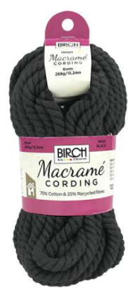 Birch Macramé Cording is a thick cord made from cotton fibres that have been braided together. The cords are twisted and knotted together in a design using the Macramé process to create bespoke decorative items.