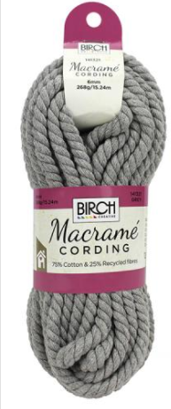 Birch Macramé Cording is a thick cord made from cotton fibres that have been braided together. The cords are twisted and knotted together in a design using the Macramé process to create bespoke decorative items.