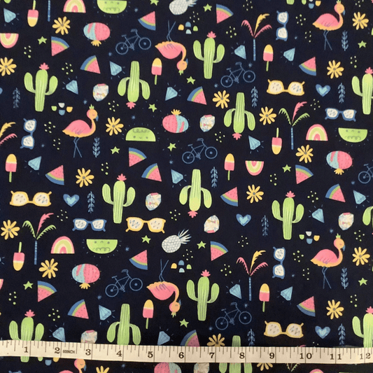 Belleboo Fabric Cacti and Flamingos on Navy