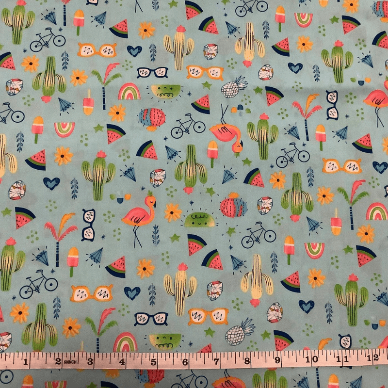 Belleboo Fabric Cacti and Flamingos on Sky Blue