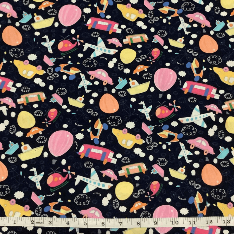 Belleboo Fabric Cars Trains Boats on Navy Blue