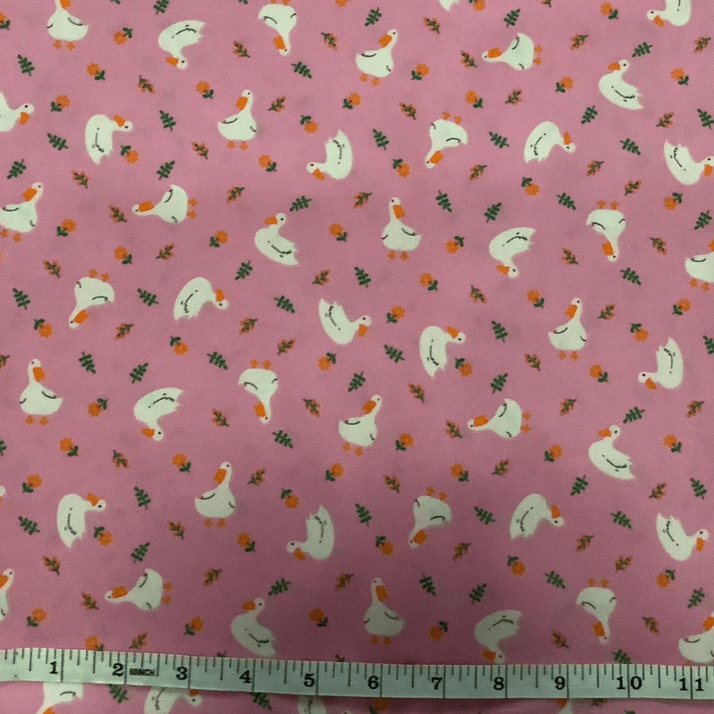 Belleboo Fabric Ducks Country Farm White on Pink