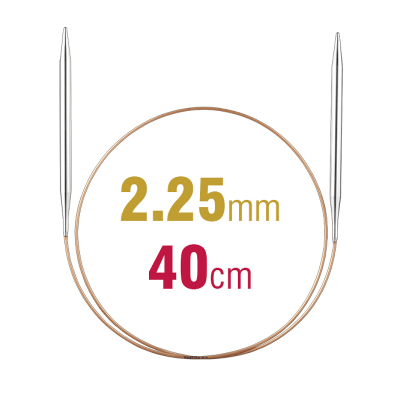 Circular knitting needles, naturally made in Germany, with smooth brass tips and flexible gold cords with perfect transitions.