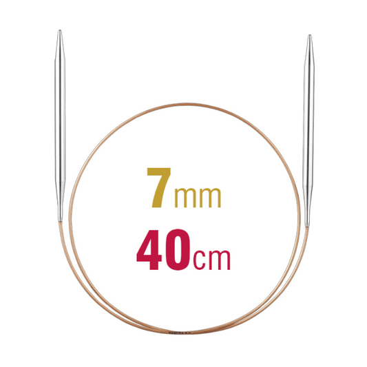 Circular knitting needles, naturally made in Germany, with smooth brass tips and flexible gold cords with perfect transitions.