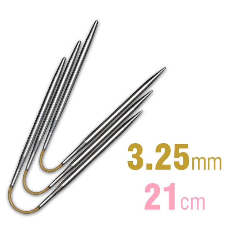 The small-round knitting revolution! You can knit even the smallest diameters with this 3-piece set of flexible double-pointed knitting needles. The stitches are distributed across two needles before being knitted with a third needle, resulting in only two needle changes per row.