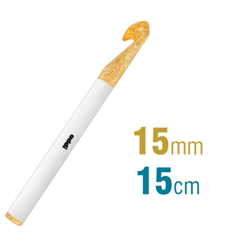 The famous Addi Crochet Hook is made from lightweight, golden glitter resin, for ease of organization and is perfect for those crocheters seeking an ergonomic crochet hook and makes working with thicker yarns a breeze. Made of premium plastic with gold glitter insert and smooth surface.