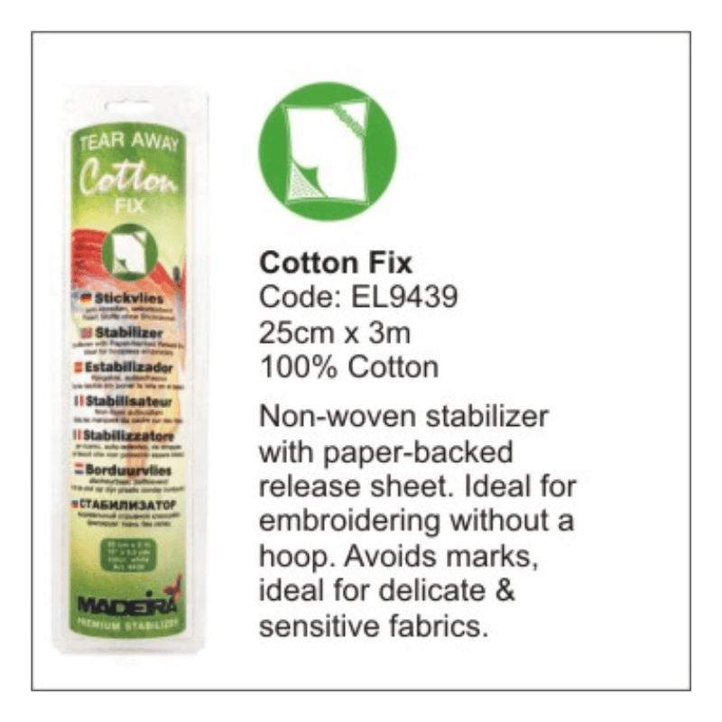 Cotton FIX Tear Away Stabilizer is a paper-backed tearaway adhesive stabilizer with a non-woven tearaway adhesive stabilizer. It's perfect for machine stitching without the use of a hoop.