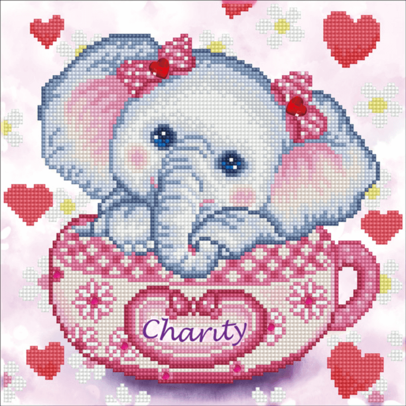 The image shows an elephant inside a teacup with bows on its head and flowers surrounding it. The caption on the teacup is charity.  Size of the picture is 30.5cm x 30.5cm with 21 Colours in the picture.
