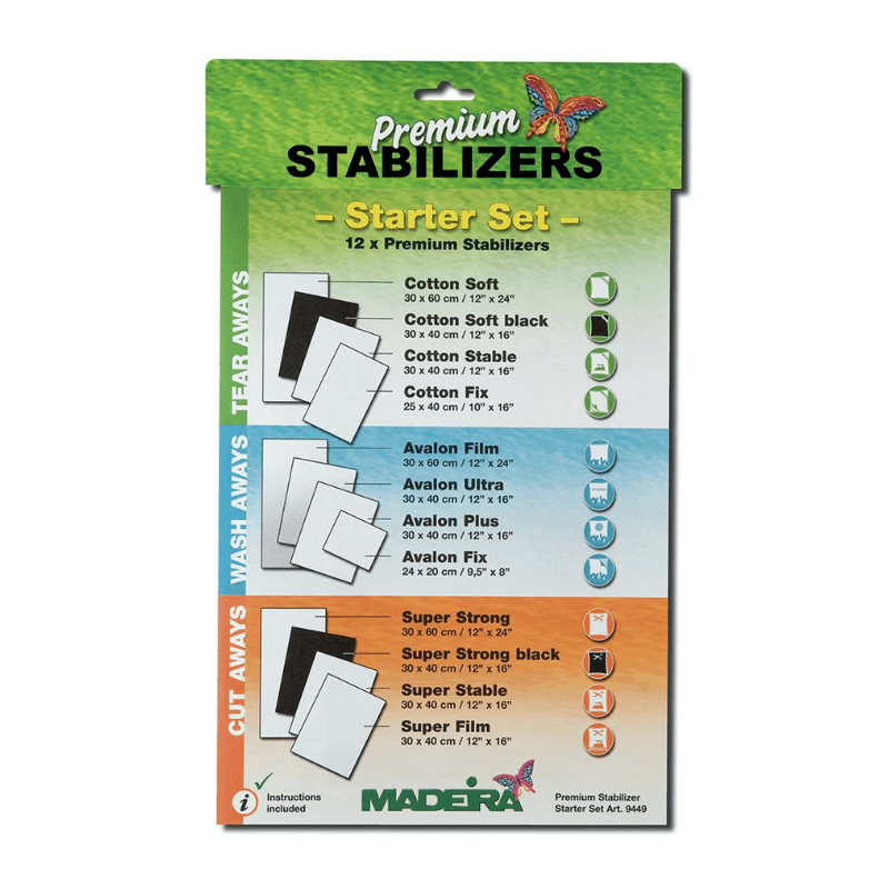Madeira Stabiliser Starter Set. Finding the right stabilizer and film for each project has never been easier. Each of the 12 Madeira stabilizers in the series has a big sample piece included, as well as a full instruction guide.