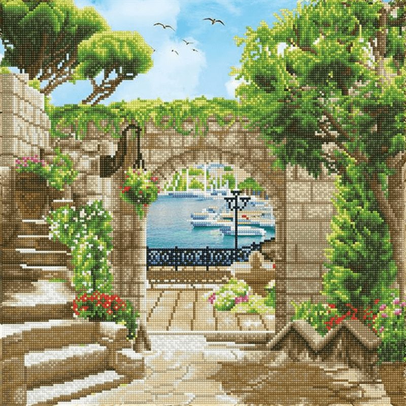 The Diamond Dotz Mediterranean Stroll 5D Embroidery Facet Art Kit comes with everything you need to finish the project. It's simple, quick, and enjoyable to do!