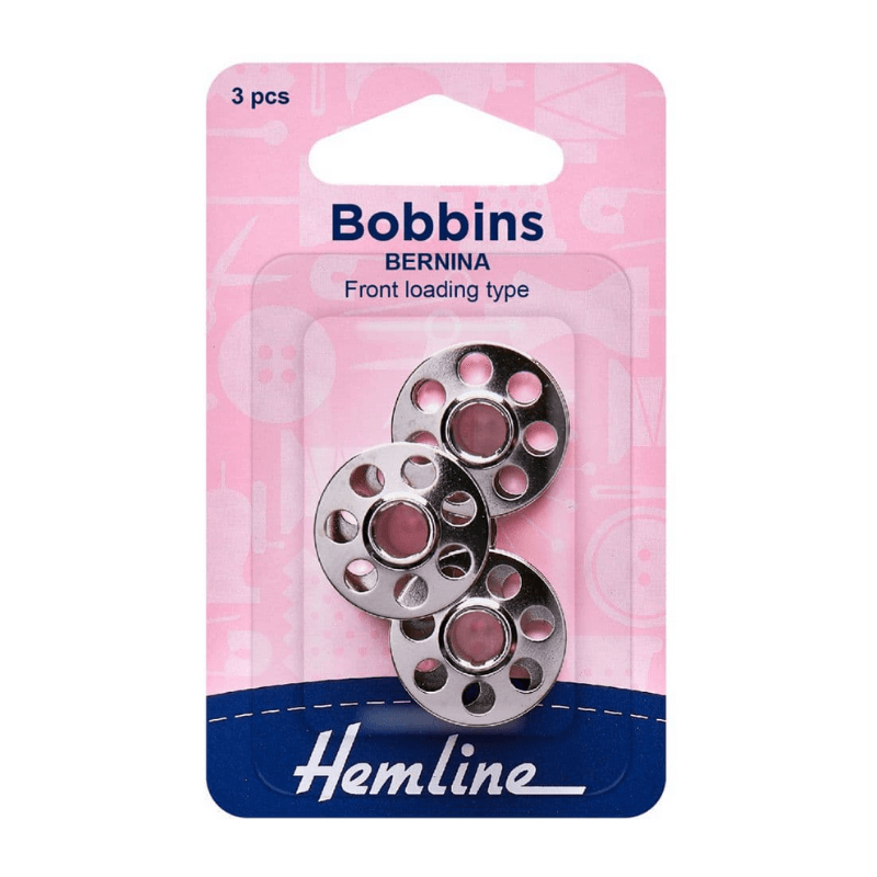 Bernina 7 hole Metal Bobbins for Front Loading Sewing Machines by Hemline.  Three pieces per pack.  Most Bernina models are compatible.