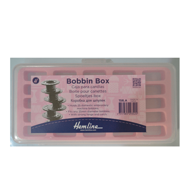 Hemline Bobbin Box Holds 25 bobbins for home embroidery machines.  Fits any bobbins with a diameter of 25mm.  With a sturdy catch and hinge.