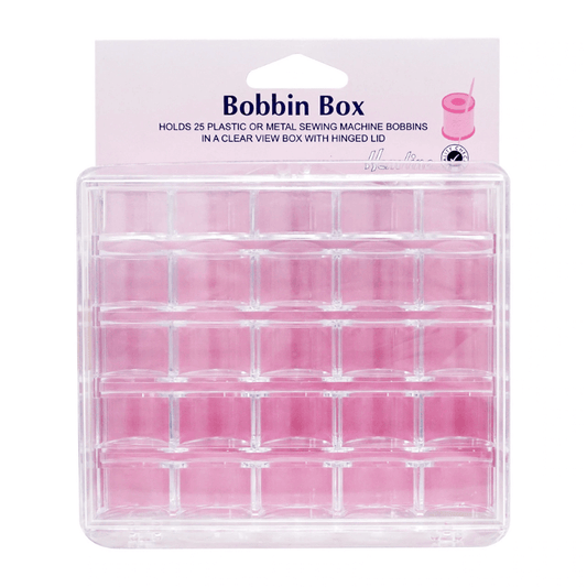 This clear bobbin box holds and shows 25 sewing machine bobbins of various sizes. Prevents bobbins from tangling and unwinding.