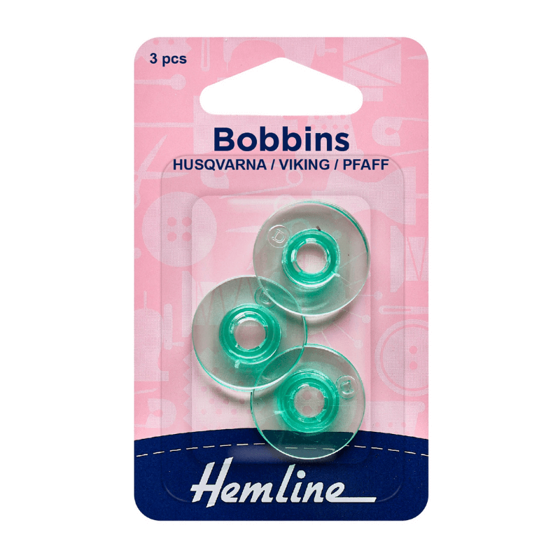 Plastic bobbins for Hemline Husqvarna/Viking/Pfaff. There are three pieces in this pack.  Fits Husqvarna / Viking models 400, S225, S215, 225/215, 205, and 500. Designer 1, 400, 350, 250, 230, 210, 113.  10.5mm is the height of the bobbin.