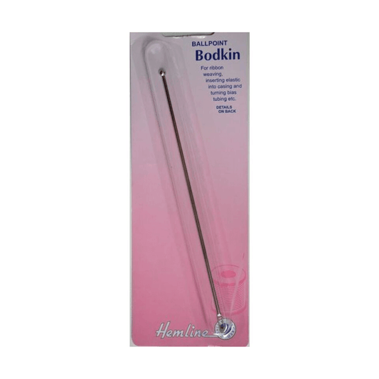 This Hemline Ballpoint Bodkin is perfect for ribbon weaving, elastic casing, and bias tubing turning. A long metal bodkin with a rounded end that can be used for a variety of tasks including waistbands and more.
