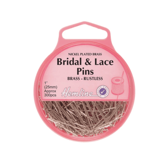 Hemline Bridal and Lace Pins - 25mm x 0.70mm  300pieces.  Nickel-plated rusted brass Ideal for lacemaking and bridal wear. When a brass pin is required, use this.