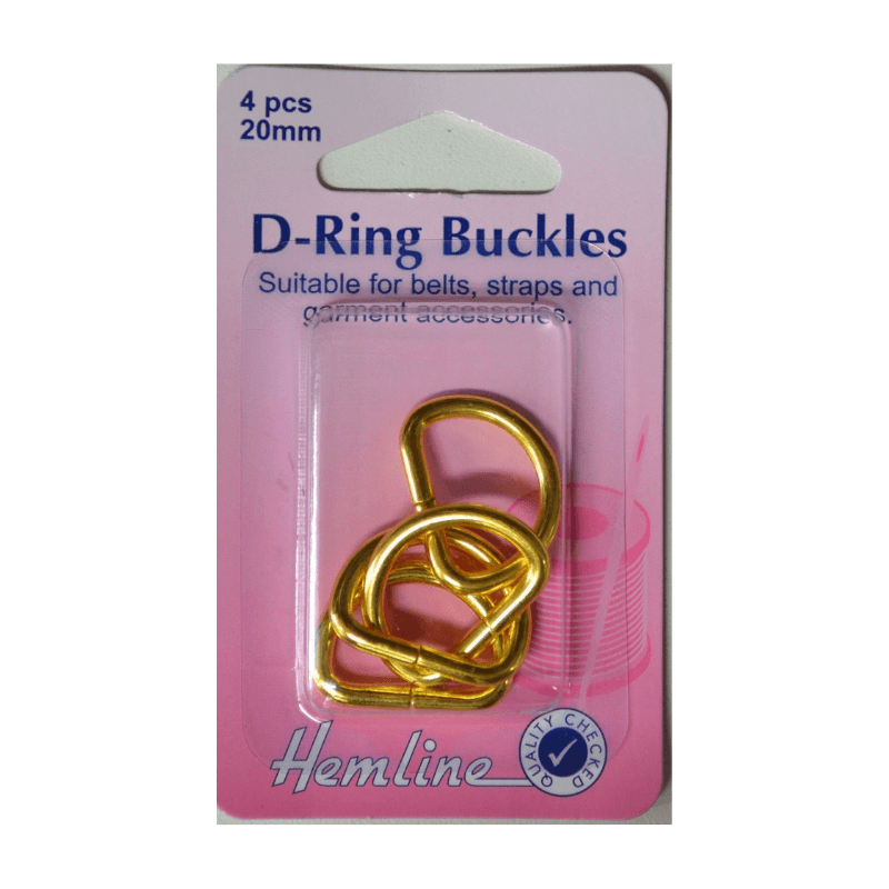 Hemline D Ring Buckles, 20mm  Four pieces Gold Colour For purses, straps, and garments Adjustable ties, belts, and straps can be made with D Rings.  Ideal for overalls, purses, and other such items.