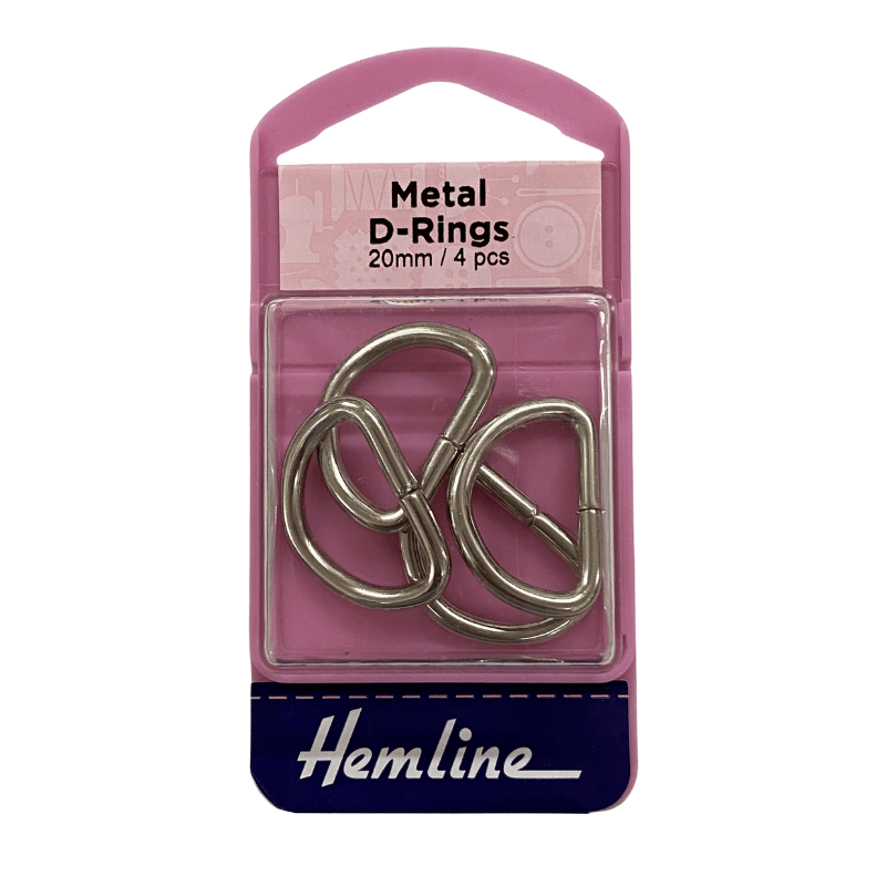 Hemline D Ring Buckles, 20mm  Four pieces Silver Colour For purses, straps, and garments Adjustable ties, belts, and straps can be made with D Rings.  Ideal for overalls, purses, and other such items.