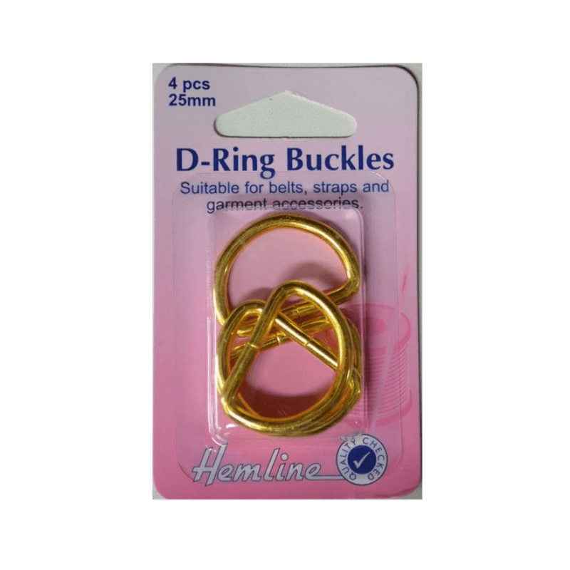 Hemline D Ring Buckles, 25mm  Four pieces Gold Colour For purses, straps, and garments Adjustable ties, belts, and straps can be made with D Rings.  Ideal for overalls, purses, and other such items.