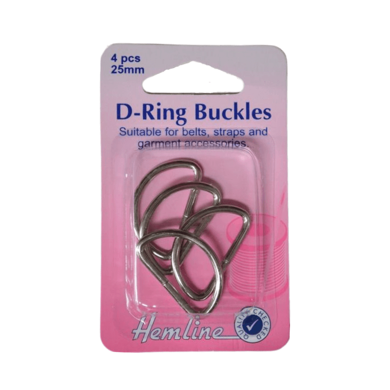 Hemline D Ring Buckles, 25mm  Four pieces Silver Colour For purses, straps, and garments Adjustable ties, belts, and straps can be made with D Rings.  Ideal for overalls, purses, and other such items.