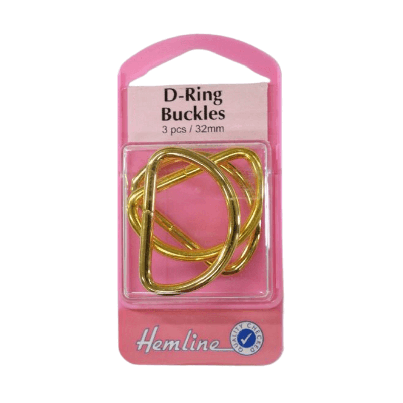 Hemline D Ring Buckles, 32mm  Four pieces Gold Colour For purses, straps, and garments Adjustable ties, belts, and straps can be made with D Rings.  Ideal for overalls, purses, and other such items.