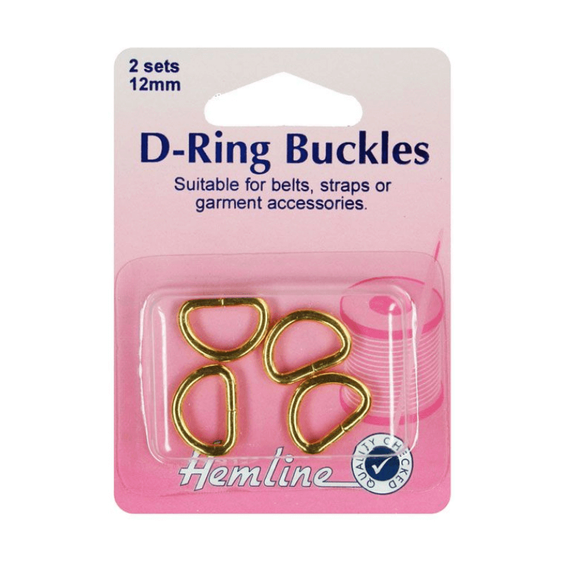 Hemline D Ring Buckles, 12mm  Four pieces Gold Colour For purses, straps, and garments  Adjustable ties, belts, and straps can be made with D Rings.  Ideal for overalls, purses, and other such items.