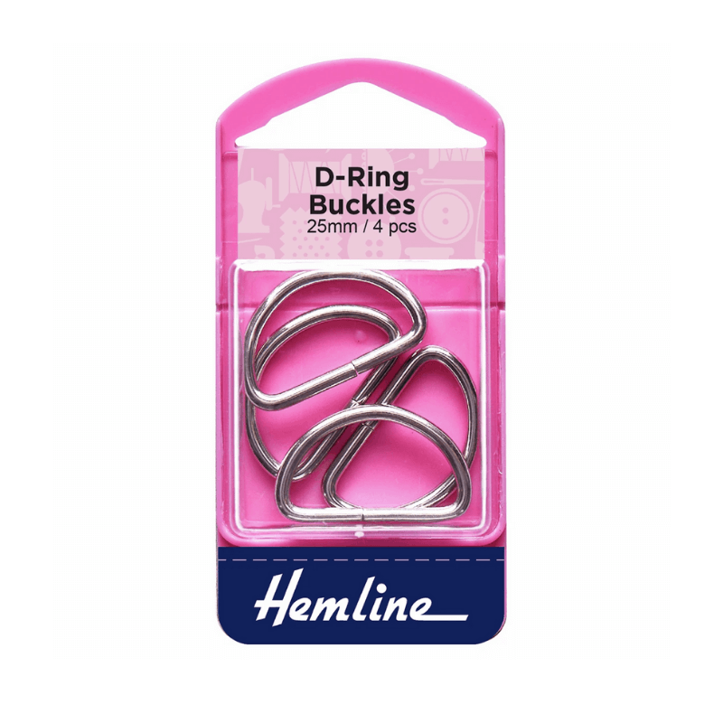 Hemline D Ring Buckles, 32mm  Four pieces Silver Colour For purses, straps, and garments Adjustable ties, belts, and straps can be made with D Rings.  Ideal for overalls, purses, and other such items.