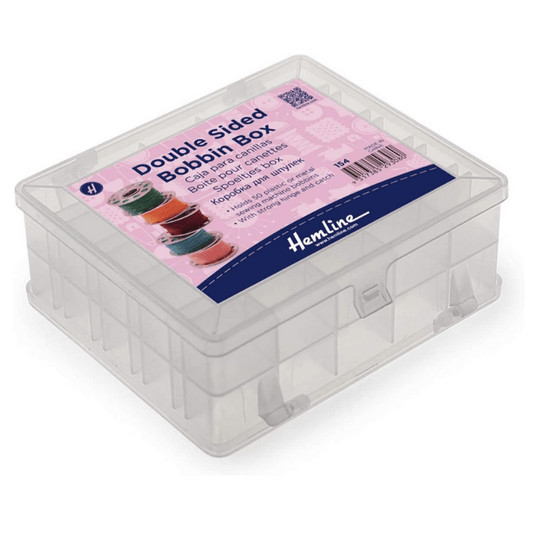 This double-sided bobbin storage box will hold 50 bobbins and has a strong non-spill latch closure.