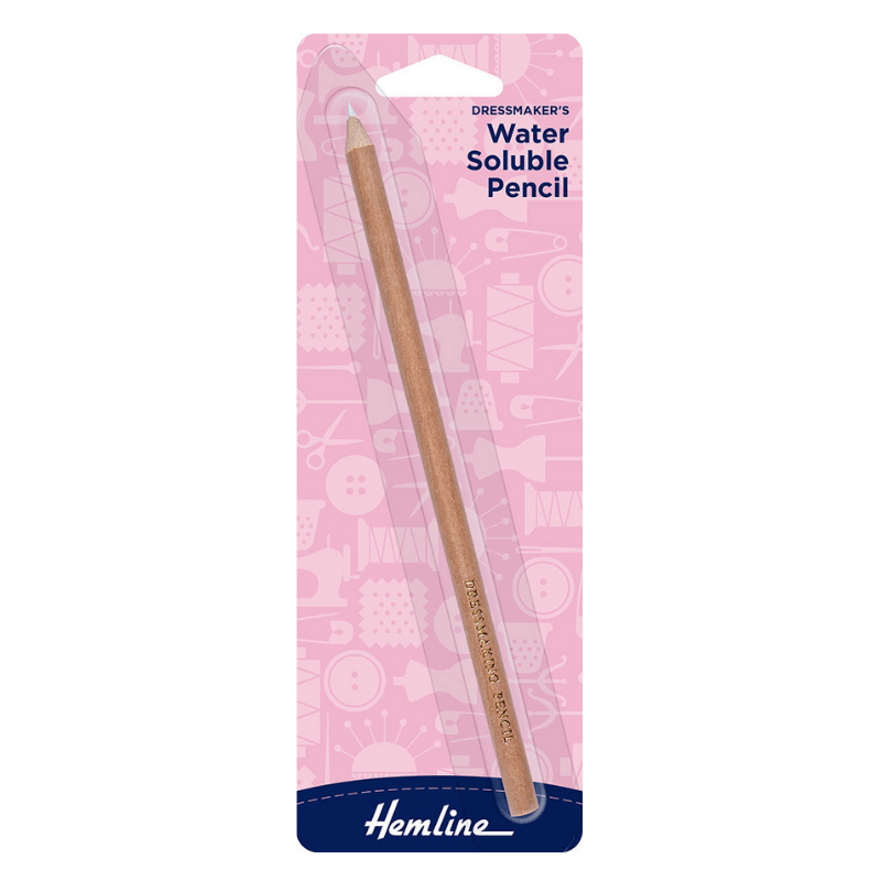 Hemline Dressmakers Water Soluble Pencil. Ideal for dressmakers. Mark sewing and cutting lines on fabrics with this tool. Marks can be removed by carefully brushing them away or rubbing them away with a damp cloth. Suitable for dark coloured fabrics.