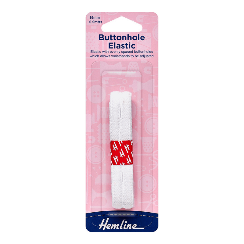 Hemline Elastic Buttonhole features equally placed buttonholes for easy waistline adjustment! It's a great method to give your sewing projects a little extra stretch – or to replace the elastic in your old outfits.