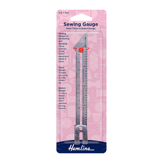 Perfect for sewing and knitting projects. Use to precisely measure hems, pleats, buttonholes, and other details.  A point turner is included for easing out collars or cuffs, as well as a button gauge for measuring shank depth before sewing.