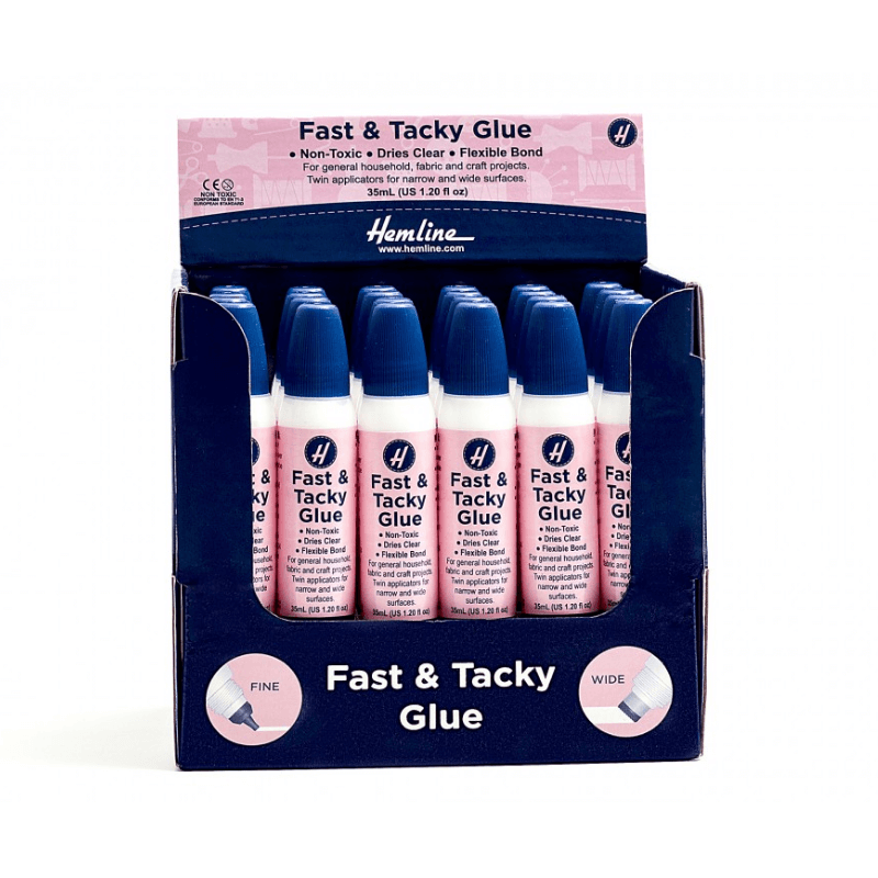 Hemline Fast and Tacky Glue Pen   PVA glue that is non-toxic and water-based Dries clear Adaptable bond For everyday usage, as well as fabric and craft projects. Applicators with two heads for narrow and wide surfaces.