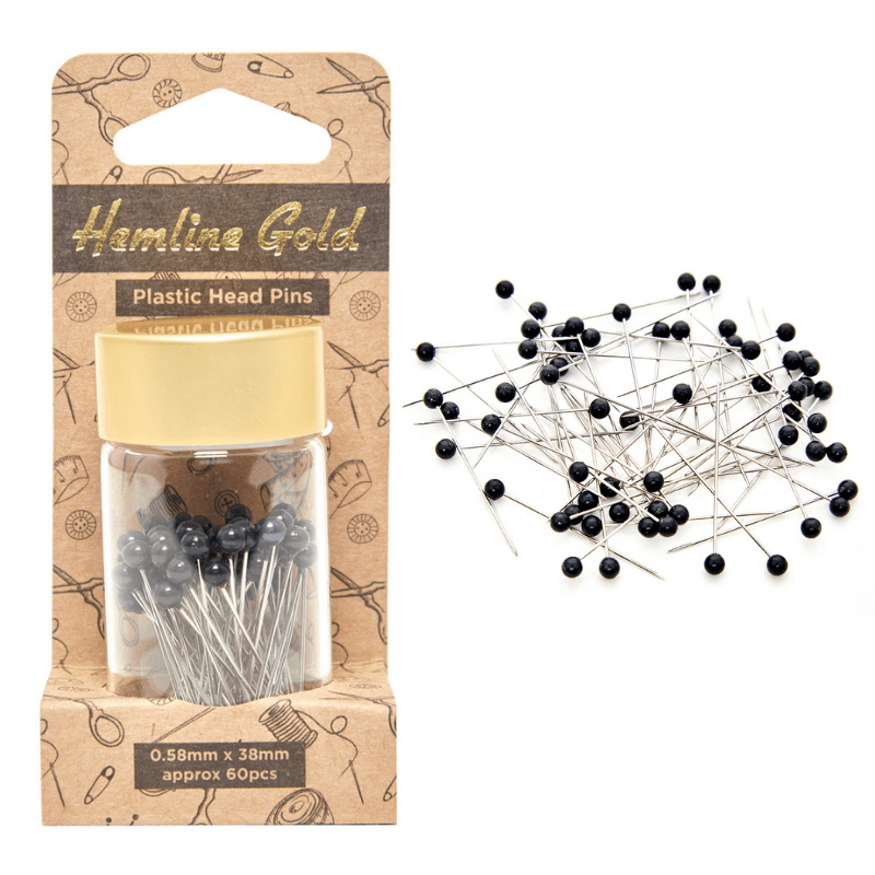 Hemline Gold Black Plastic Head Pins 38mm long, Contains 60 pins in a reusable glass jar.