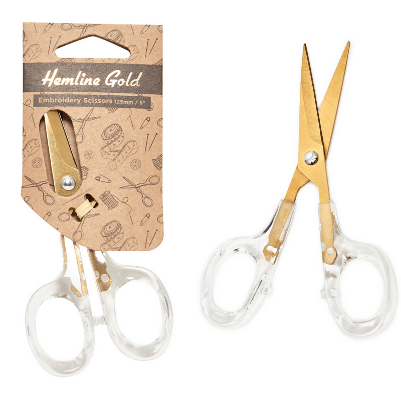 With transparent acrylic handles that are designed for comfort, these embroidery scissors by Hemline Gold have a contemporary feel to them. The stainless steel blades, which are brushed gold in colour, are sharp and have a fine point for detailed work.