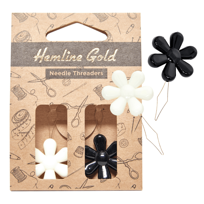 Hemline Gold Needle Threaders in black and white with beautiful flower-shaped heads. Suitable for threading hand and machine needles. There are two pieces in each pack.
