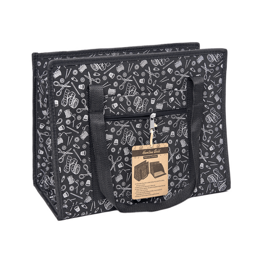 Hemline Gold signature print fabric on a premium multi-use craft bag made of 100 per cent cotton. Quilting and quick pressing are made easy with a fold-down flap with a quilted ironing pad.