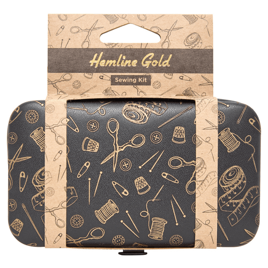 Hemline Gold Notions' signature print is included on the premium faux leather-wrapped sewing kit. Your sewing gear is kept safe and secure with a strong and robust clasp. Its slim shape allows it to fit neatly into craft bag pockets.