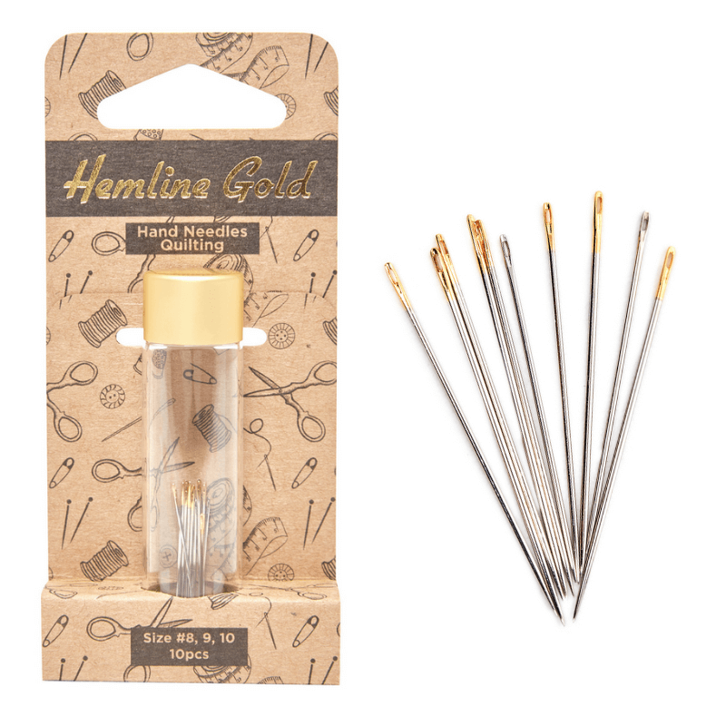 Quilting needles of the highest quality in a reusable glass jar with a brushed gold top. Quality needles with a gold eye, manufactured of sturdy Nickel Plated Carbon Steel.