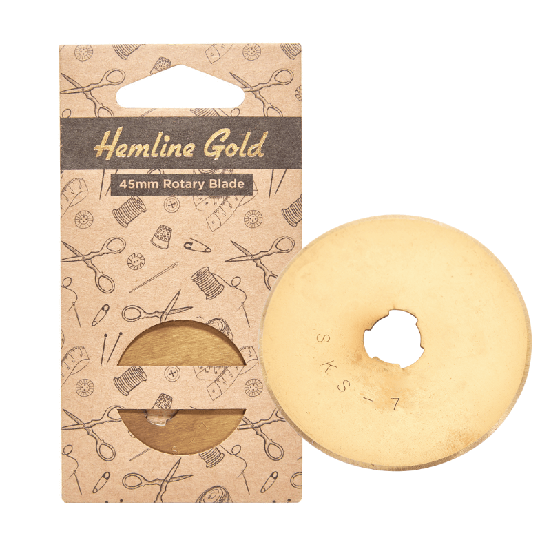 Straight blade, premium-grade, brushed gold. Hardened steel that has been finely ground for improved sharpness and longer life.  Fits Hemline Gold and Sew Easy rotary cutter models. This versatile blade may be used on both cloth and paper and produces a flawlessly straight cut.