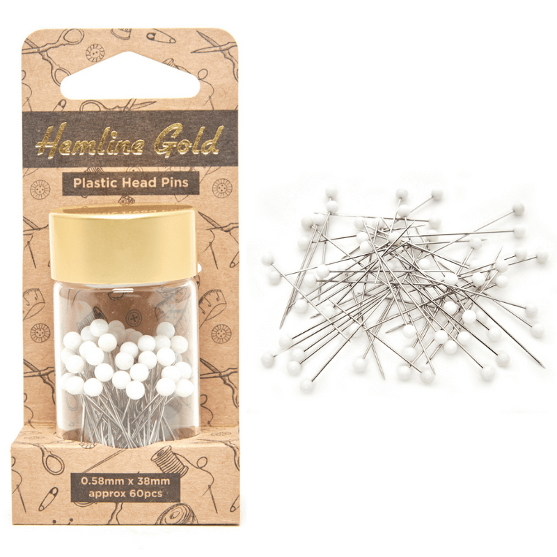 Premium quality pins with a white plastic pinhead for easy grip made of sturdy, durable nickel-plated steel. The contents are kept in a reusable glass jar with a brushed gold lid.