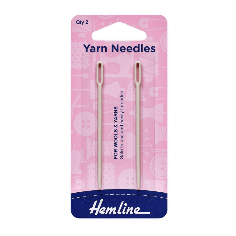 Hemline Yarn Needles In A Two-Piece Pack of Superior Quality. Plastic needles are a safe and simple way to sew knitted garments together. Use these inexpensive yarn needles with a large eye for threading wool and other yarns to put together knitted outfits.