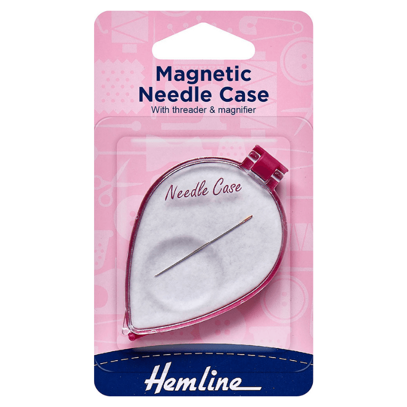Magnetic needle case from Hemline. Ideal for securely storing hand and sewing machine needles. Small enough to be carried in a purse or quilting tote. At the back, there is a needle threader. The needles are tightly held in place by the magnetic base. The lid's magnifying glass aids in threading.