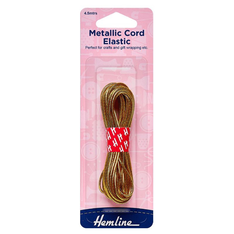 The decorative metallic finish on a narrow elastic string.  Popular in craft projects and for decorating apparel and accessories.  Only wash by hand and air dry.