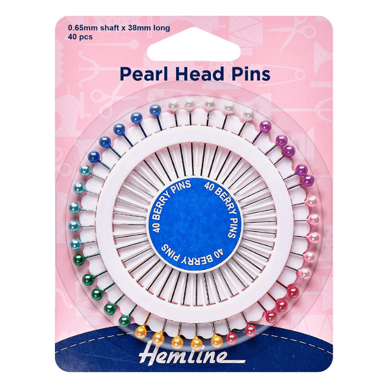 Nickel-plated steel pins with silver decorative pearl heads by Hemline.  For ordinary sewing and craft purposes, a longer length is recommended. Neatly stored in a traditional pinwheel.
