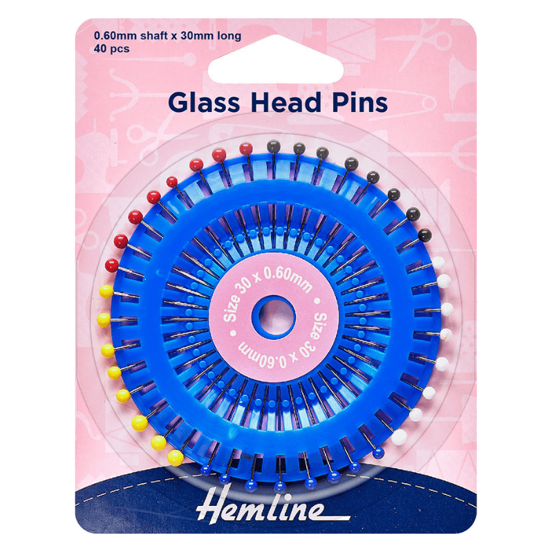 Hemline Steel pins with glass heads of superior quality nickel plating.  Shorter length pins for general use. Glass head is not affected by heat or ironing. Neatly stored in a traditional pinwheel.